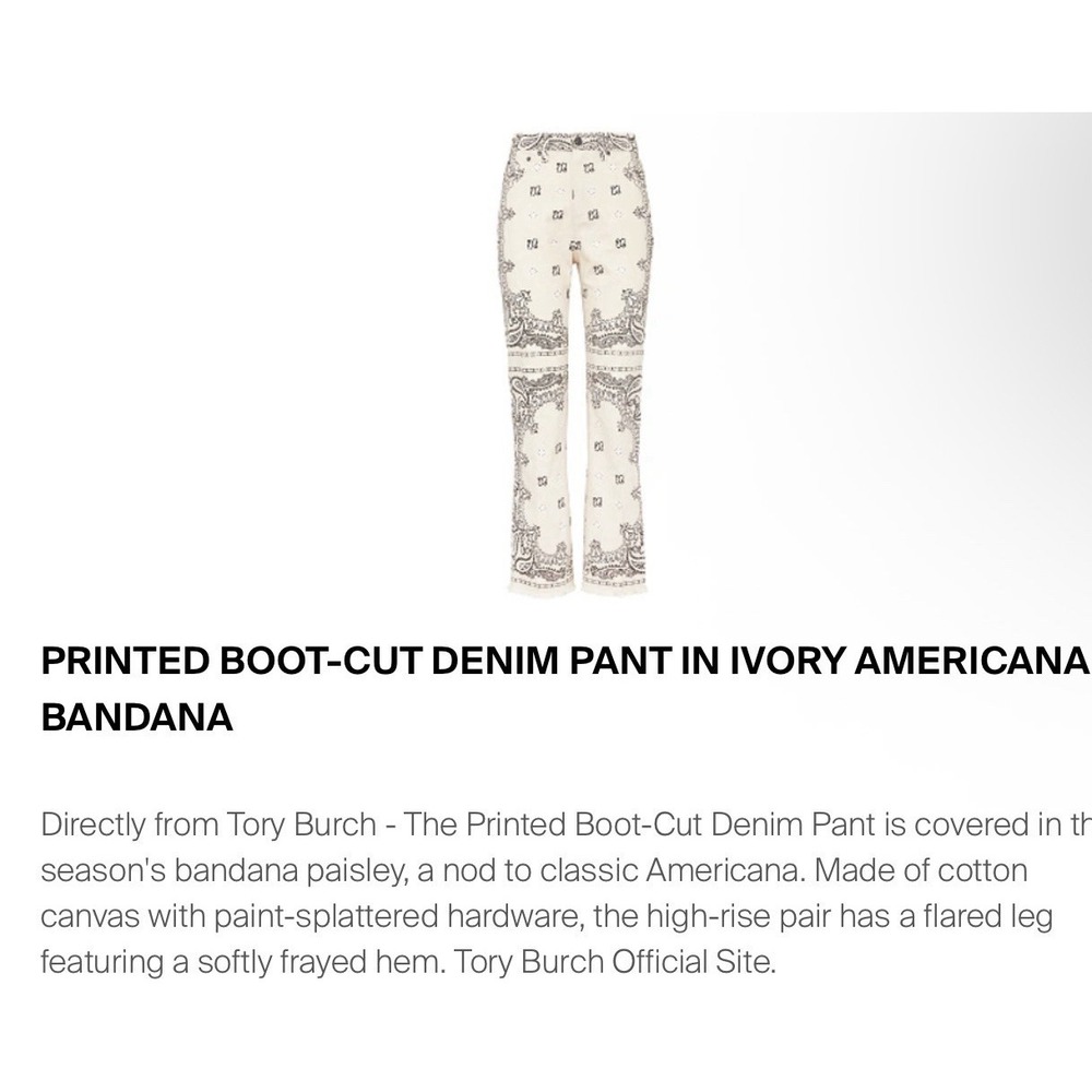 Tory Burch Size 27 Paisley Logo Raw Edge Boot Denim Pant Ivory Americana Bandana - Picture 3 of 15
